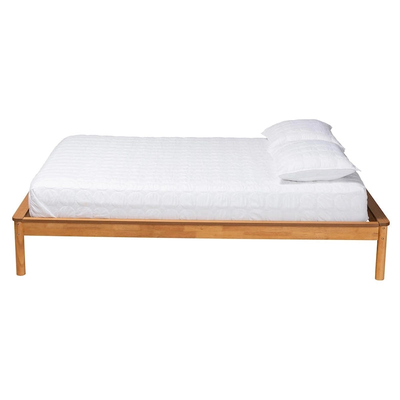 Mid-Century Modern Honey Oak Wood Bed Frame, Rubber Wood & MDF, No Box Spring Needed, Full/Queen/King
