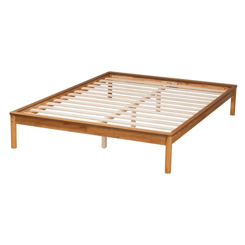 Mid-Century Modern Honey Oak Wood Bed Frame, Rubber Wood & MDF, No Box Spring Needed, Full/Queen/King