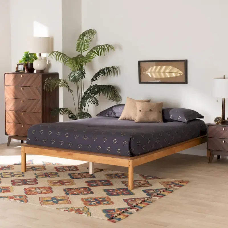 Mid-Century Modern Honey Oak Wood Bed Frame, Rubber Wood & MDF, No Box Spring Needed, Full/Queen/King