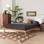 Mid-Century Modern Honey Oak Wood Bed Frame, Rubber Wood & MDF, No Box Spring Needed, Full/Queen/King