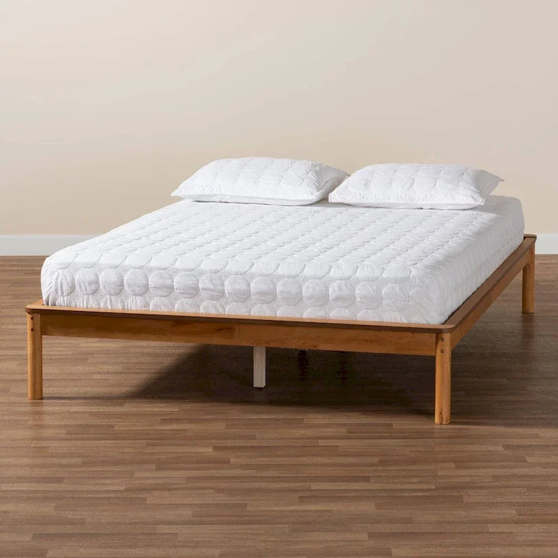 Mid-Century Modern Honey Oak Wood Bed Frame, Rubber Wood & MDF, No Box Spring Needed, Full/Queen/King