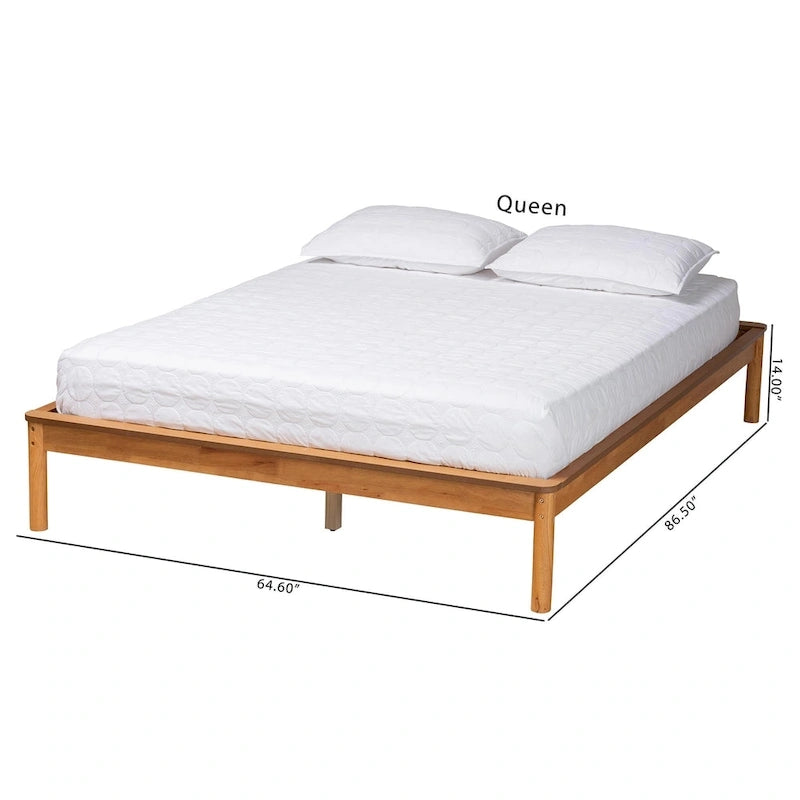 Mid-Century Modern Honey Oak Wood Bed Frame, Rubber Wood & MDF, No Box Spring Needed, Full/Queen/King