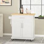 Rolling Kitchen Cart with Natural Wood Top & Storage Shelves – Contemporary Style