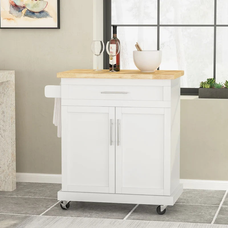 Rolling Kitchen Cart with Natural Wood Top & Storage Shelves – Contemporary Style