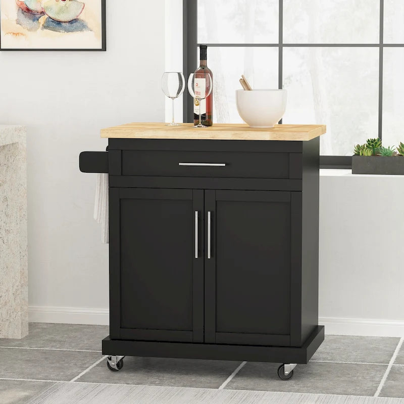 Rolling Kitchen Cart with Natural Wood Top & Storage Shelves – Contemporary Style