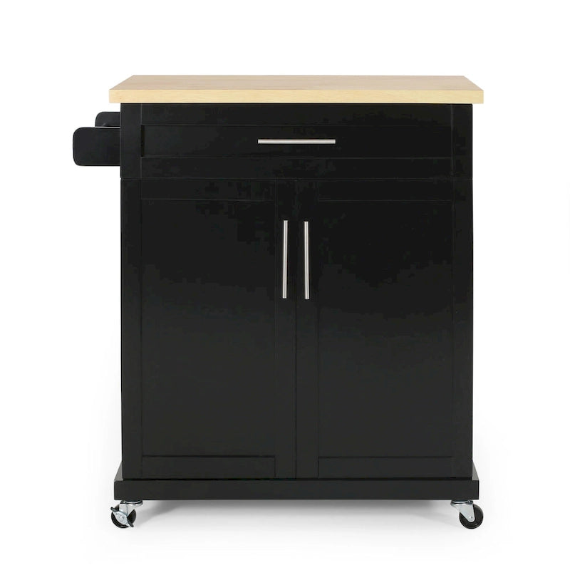 Rolling Kitchen Cart with Natural Wood Top & Storage Shelves – Contemporary Style