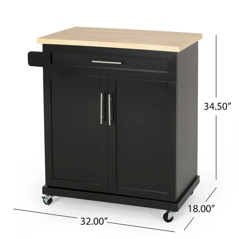 Rolling Kitchen Cart with Natural Wood Top & Storage Shelves – Contemporary Style