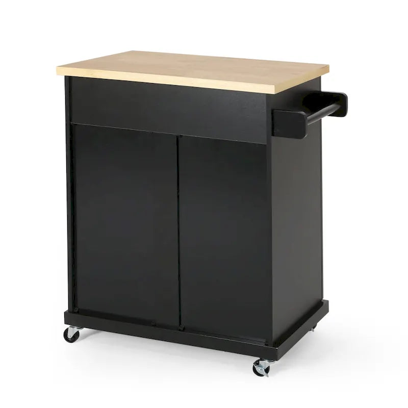 Rolling Kitchen Cart with Natural Wood Top & Storage Shelves – Contemporary Style