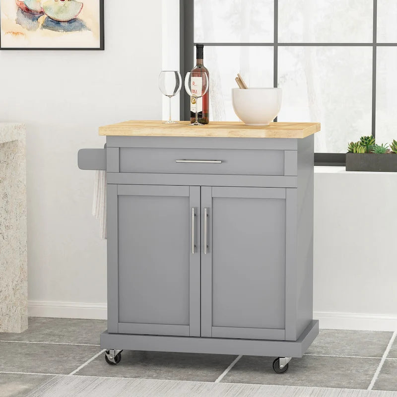 Rolling Kitchen Cart with Natural Wood Top & Storage Shelves – Contemporary Style