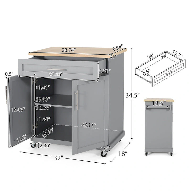 Rolling Kitchen Cart with Natural Wood Top & Storage Shelves – Contemporary Style