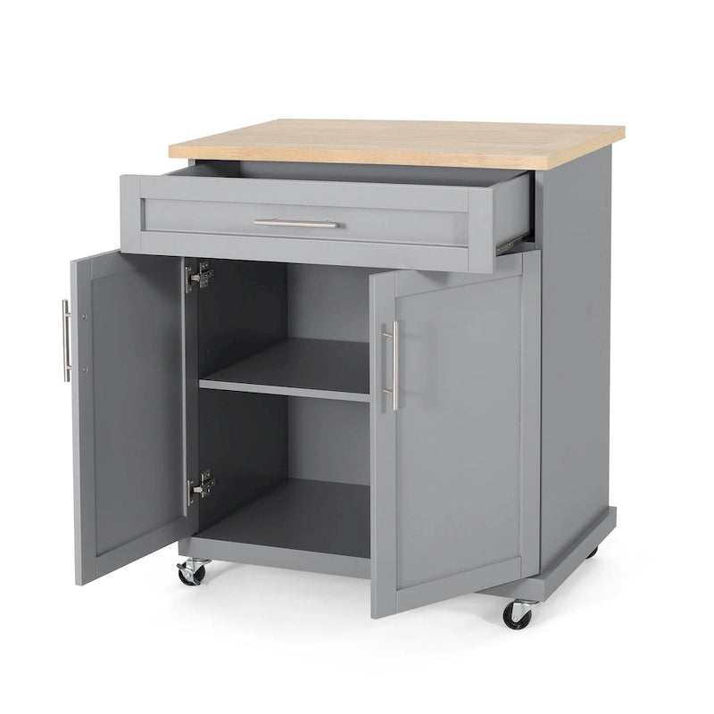 Rolling Kitchen Cart with Natural Wood Top & Storage Shelves – Contemporary Style