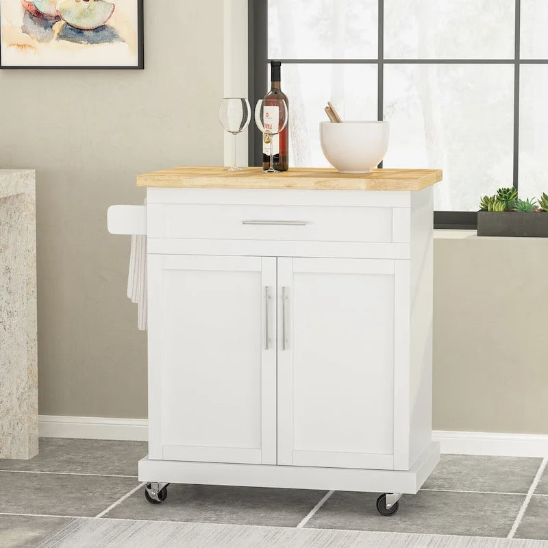 Rolling Kitchen Cart with Natural Wood Top & Storage Shelves – Contemporary Style