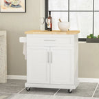 Rolling Kitchen Cart with Natural Wood Top & Storage Shelves – Contemporary Style