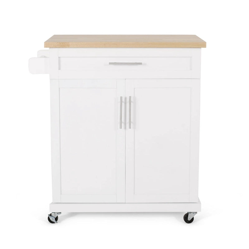 Rolling Kitchen Cart with Natural Wood Top & Storage Shelves – Contemporary Style