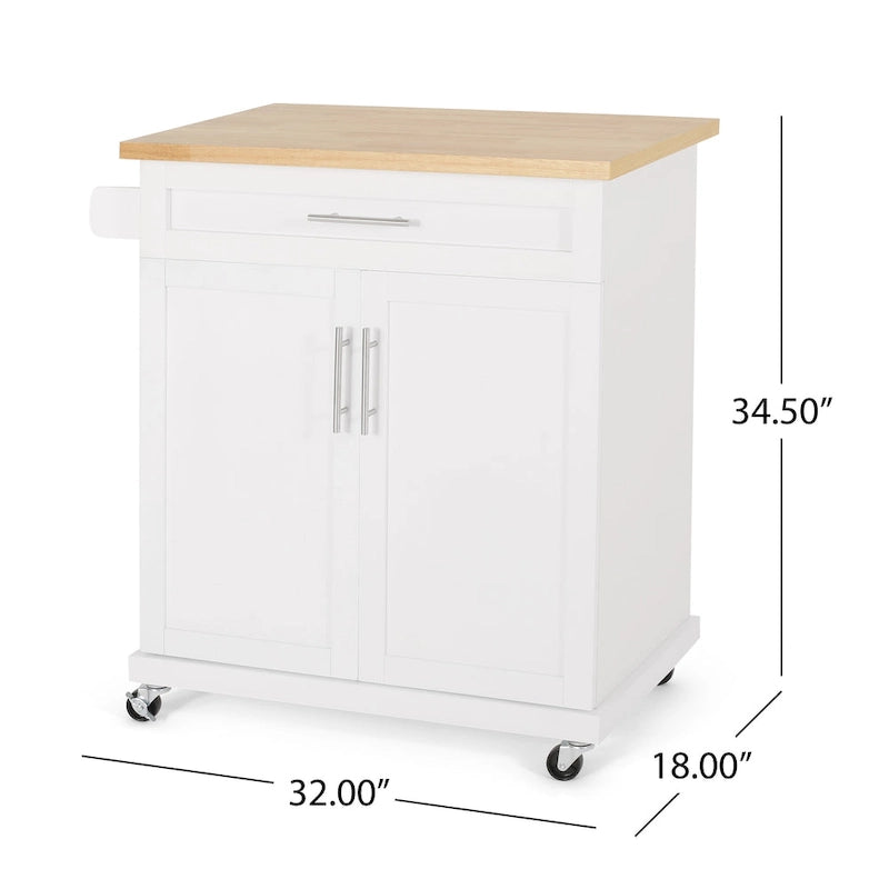 Rolling Kitchen Cart with Natural Wood Top & Storage Shelves – Contemporary Style