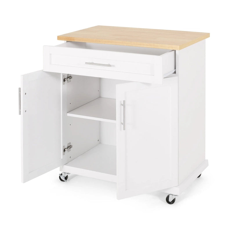 Rolling Kitchen Cart with Natural Wood Top & Storage Shelves – Contemporary Style