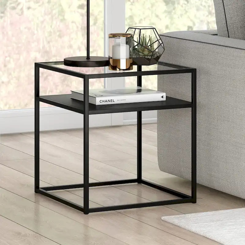 Industrial Side Table with Tempered Glass Top & Metal Shelf – Blackened Bronze Finish