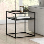 Industrial Side Table with Tempered Glass Top & Metal Shelf – Blackened Bronze Finish