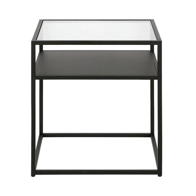 Industrial Side Table with Tempered Glass Top & Metal Shelf – Blackened Bronze Finish
