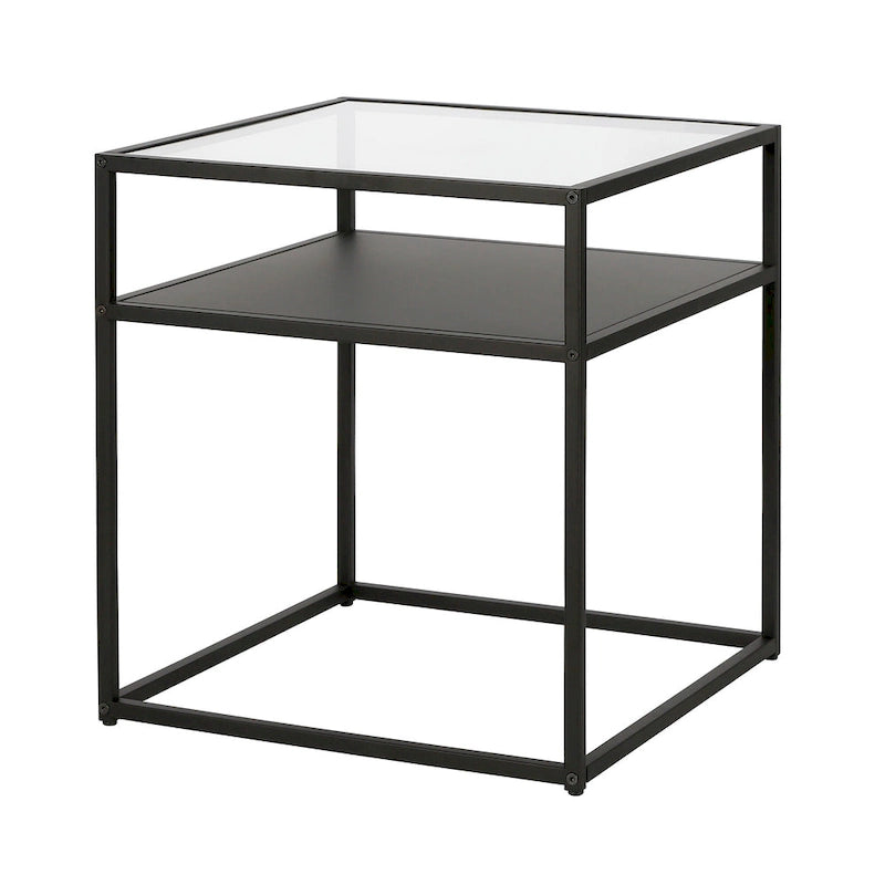 Industrial Side Table with Tempered Glass Top & Metal Shelf – Blackened Bronze Finish