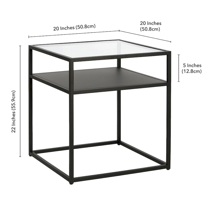 Industrial Side Table with Tempered Glass Top & Metal Shelf – Blackened Bronze Finish