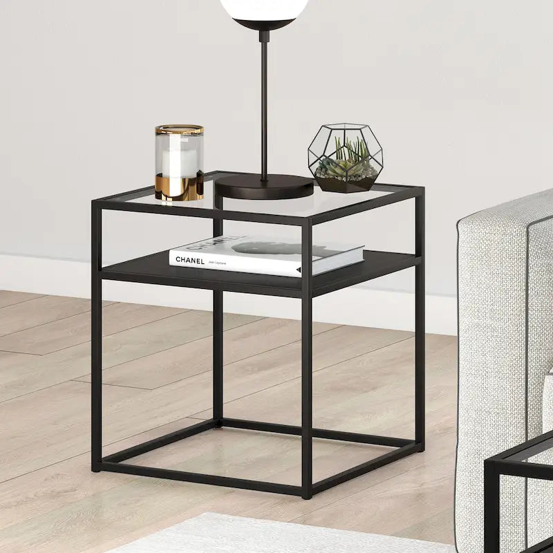 Industrial Side Table with Tempered Glass Top & Metal Shelf – Blackened Bronze Finish