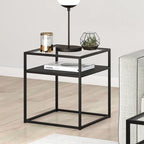 Industrial Side Table with Tempered Glass Top & Metal Shelf – Blackened Bronze Finish