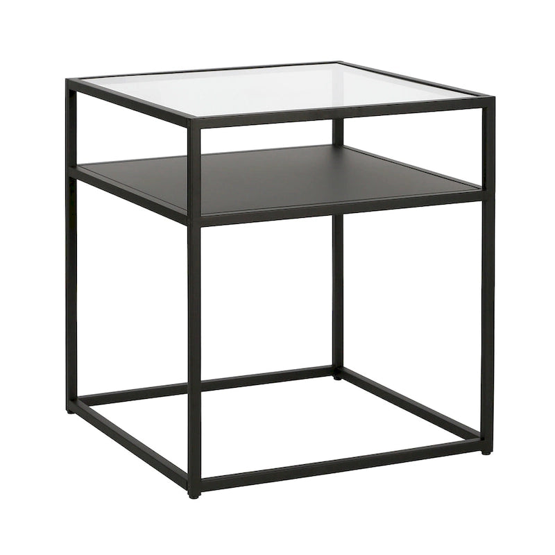 Industrial Side Table with Tempered Glass Top & Metal Shelf – Blackened Bronze Finish