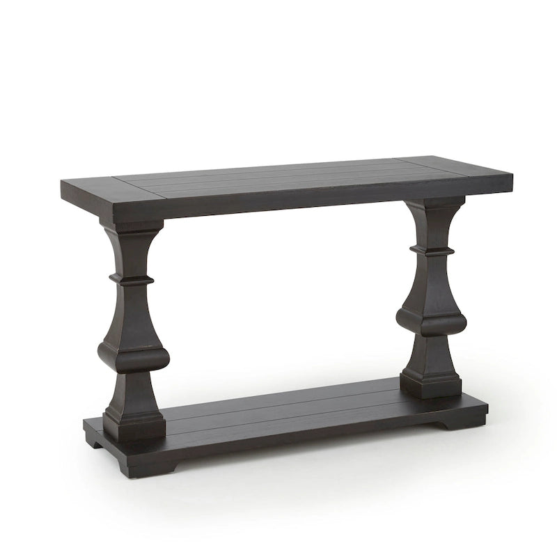 Sofa Console Table with Carved Pillars & Lower Shelf – Ebony Wood Finish