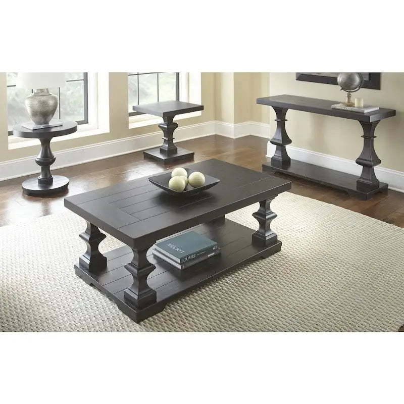 Sofa Console Table with Carved Pillars & Lower Shelf – Ebony Wood Finish
