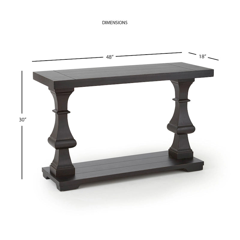 Sofa Console Table with Carved Pillars & Lower Shelf – Ebony Wood Finish