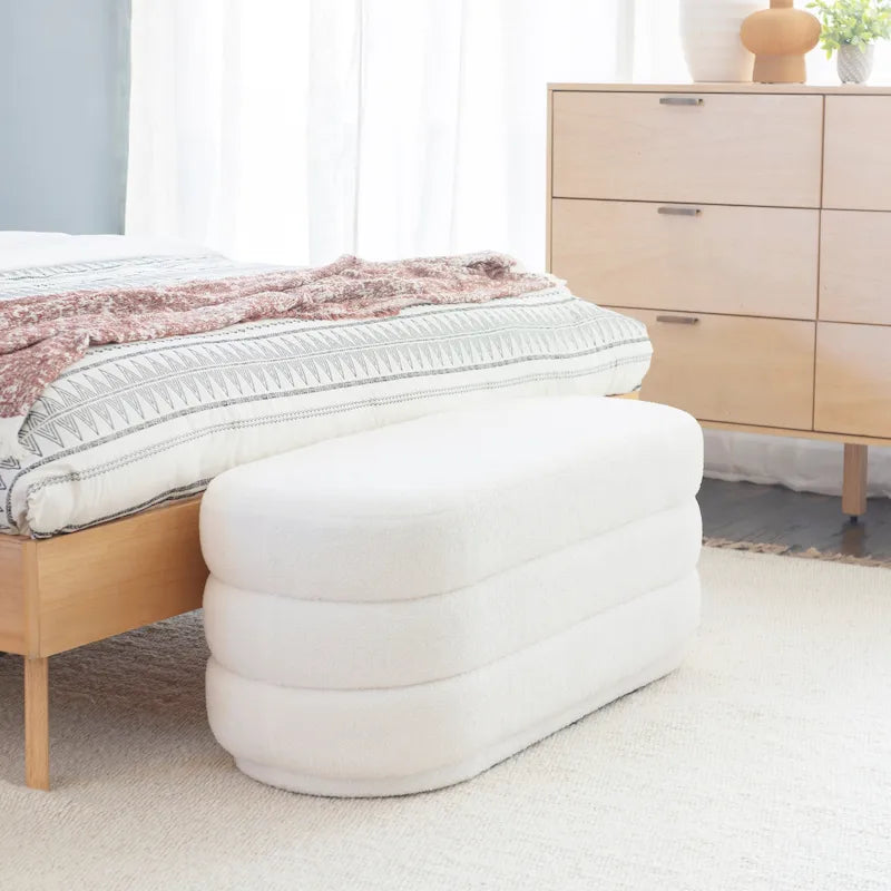 Oblong Sherpa Ottoman with Channeled Tufting – Soft White Upholstery