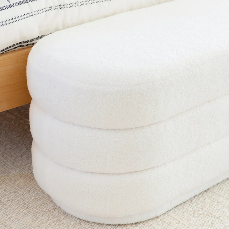 Oblong Sherpa Ottoman with Channeled Tufting – Soft White Upholstery