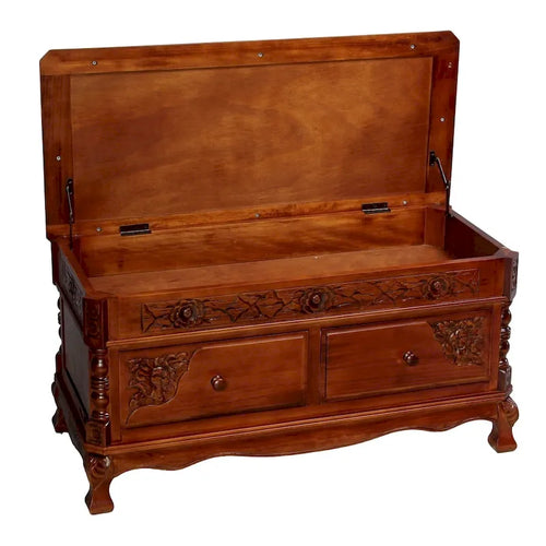 2-Drawer Wood Storage Bench with Floral Carvings – Walnut Finish