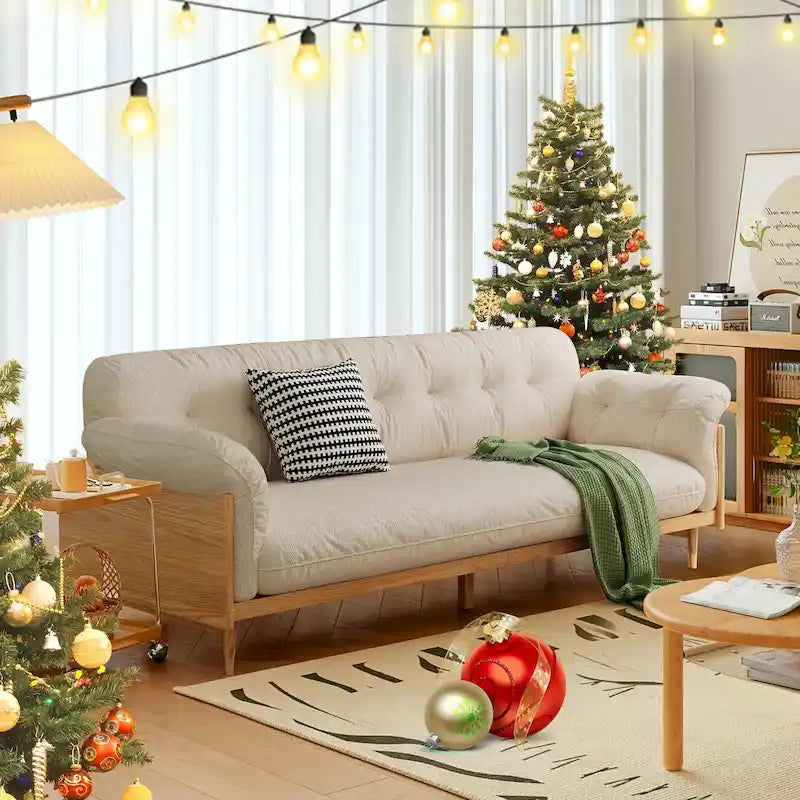 3-Seat Cotton Linen Sofa with Solid Wood Frame – Traditional Style