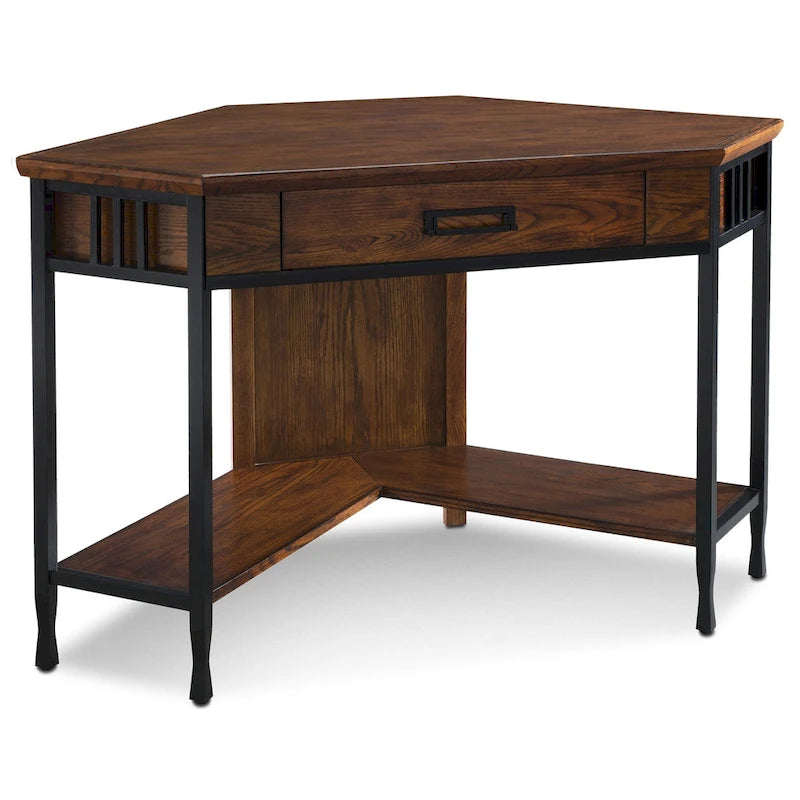 Corner Writing Desk with Brown Oak Finish – Space-Saving Mission Style