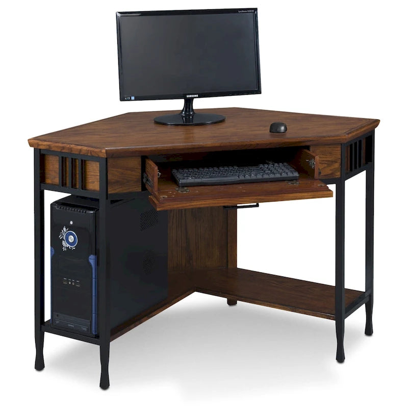 Corner Writing Desk with Brown Oak Finish – Space-Saving Mission Style