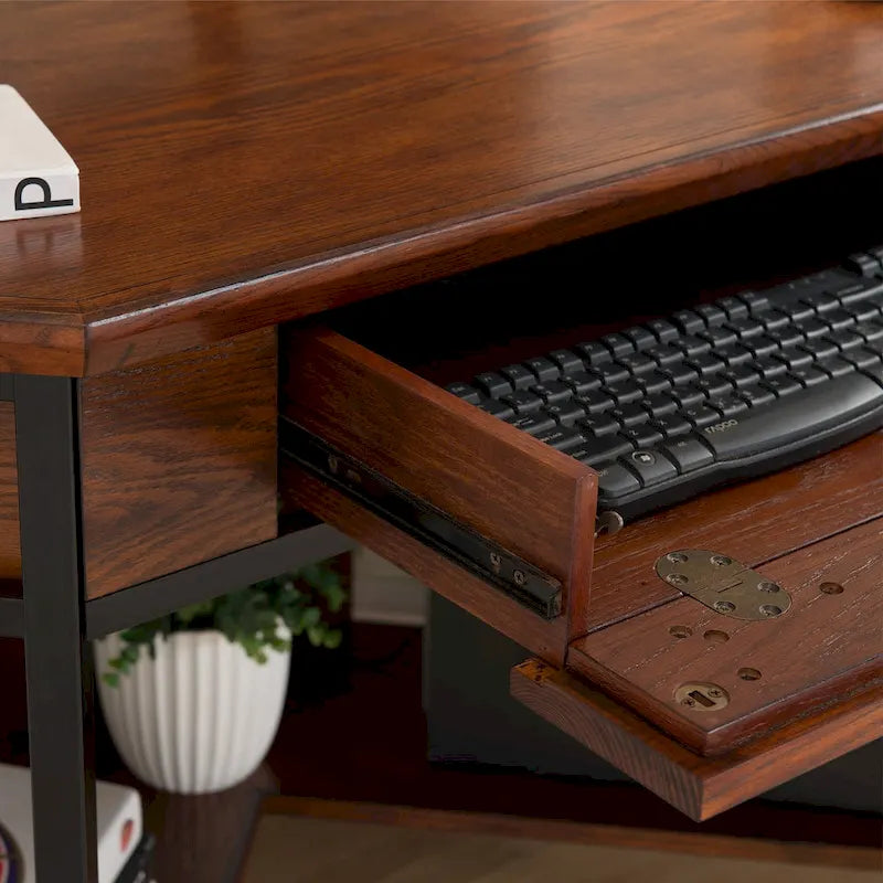 Corner Writing Desk with Brown Oak Finish – Space-Saving Mission Style