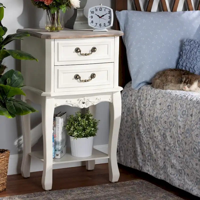 French Country Cottage 2-Drawer Wood End Table, Two-Tone White & Oak Finish, Antique Style