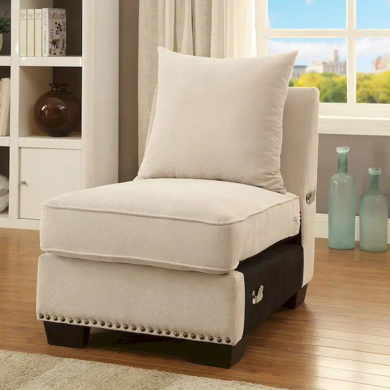U-Shaped Fabric Sectional Sofa with Rolled Arms, Nailhead Trim & Accent Pillows – Beige