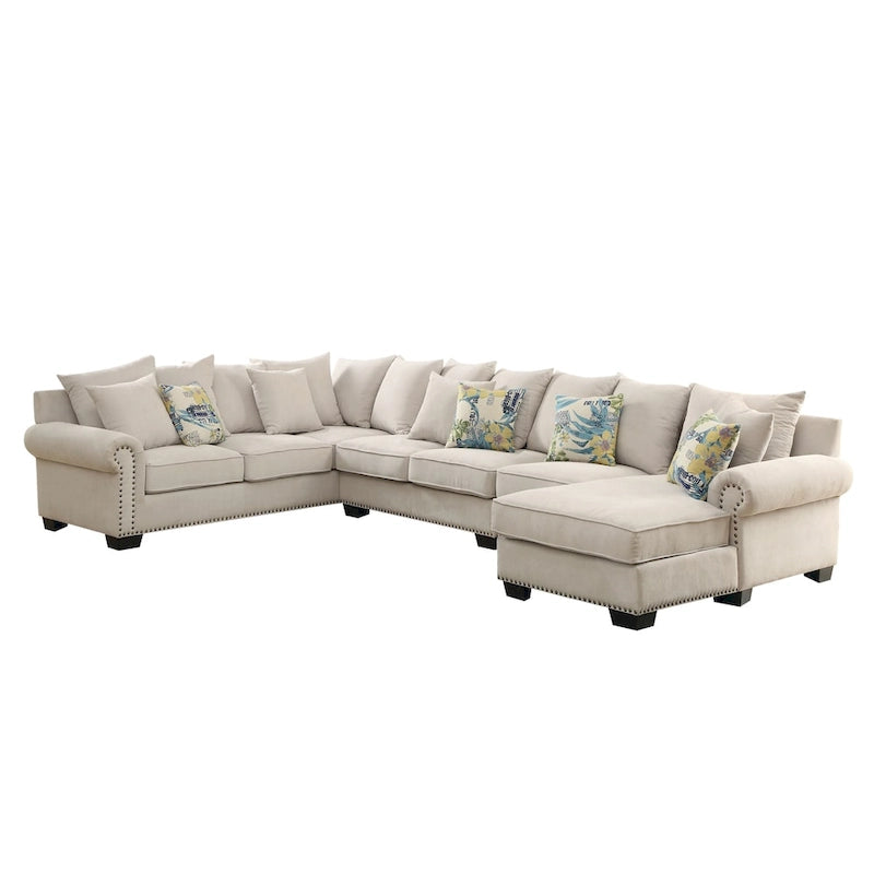 U-Shaped Fabric Sectional Sofa with Rolled Arms, Nailhead Trim & Accent Pillows – Beige