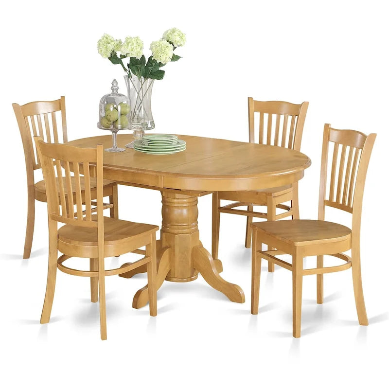 5-Piece Oval Dining Table Set with 4 Chairs, Solid Rubber Wood, Oak Finish, Seats 4-6