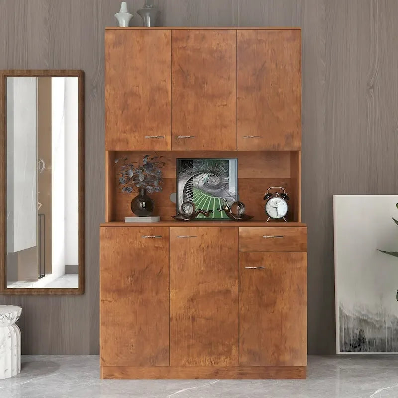 Rustic Farmhouse Tall Wardrobe, Armoire with Shelves, Open Compartment and Drawer, Freestanding Storage Closet Wardrobe Cabinet