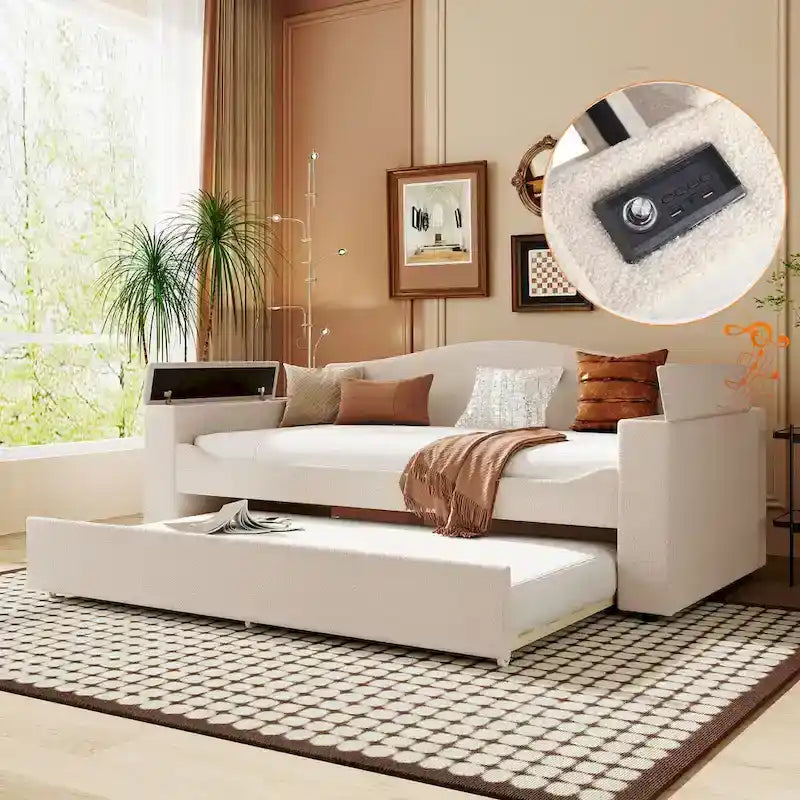 Twin Size UTeddy Fleece Daybed with Storage Armrests andTrundle