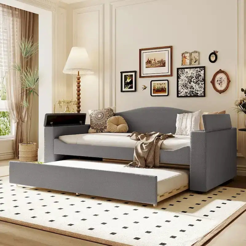 Twin Size UTeddy Fleece Daybed with Storage Armrests andTrundle