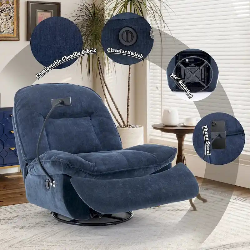 360° Swivel Recliner Chair with Phone Bracket – Bronzing Fabric, Rotating Base