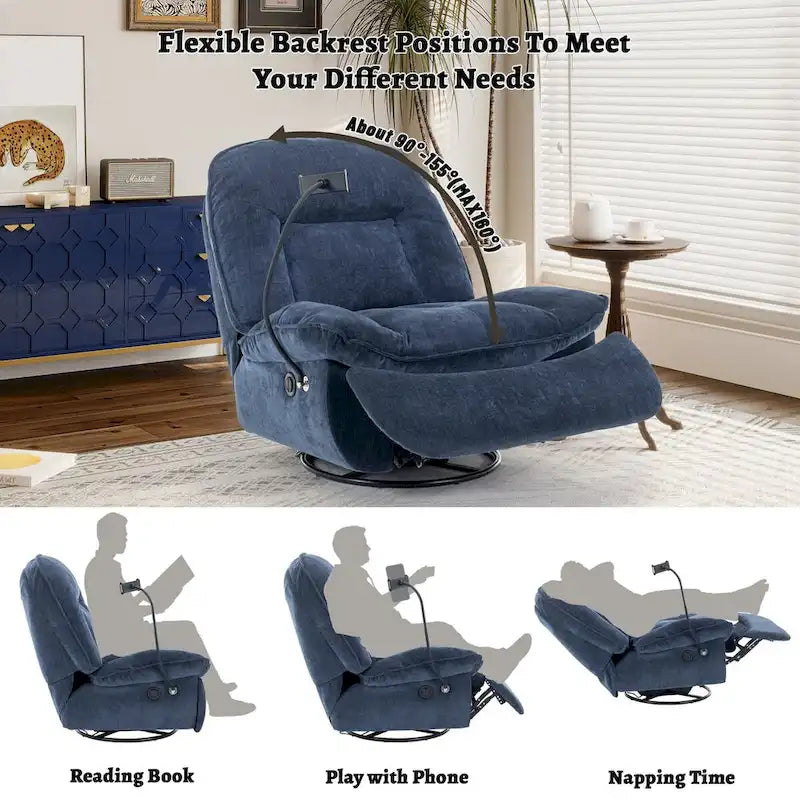 360° Swivel Recliner Chair with Phone Bracket – Bronzing Fabric, Rotating Base