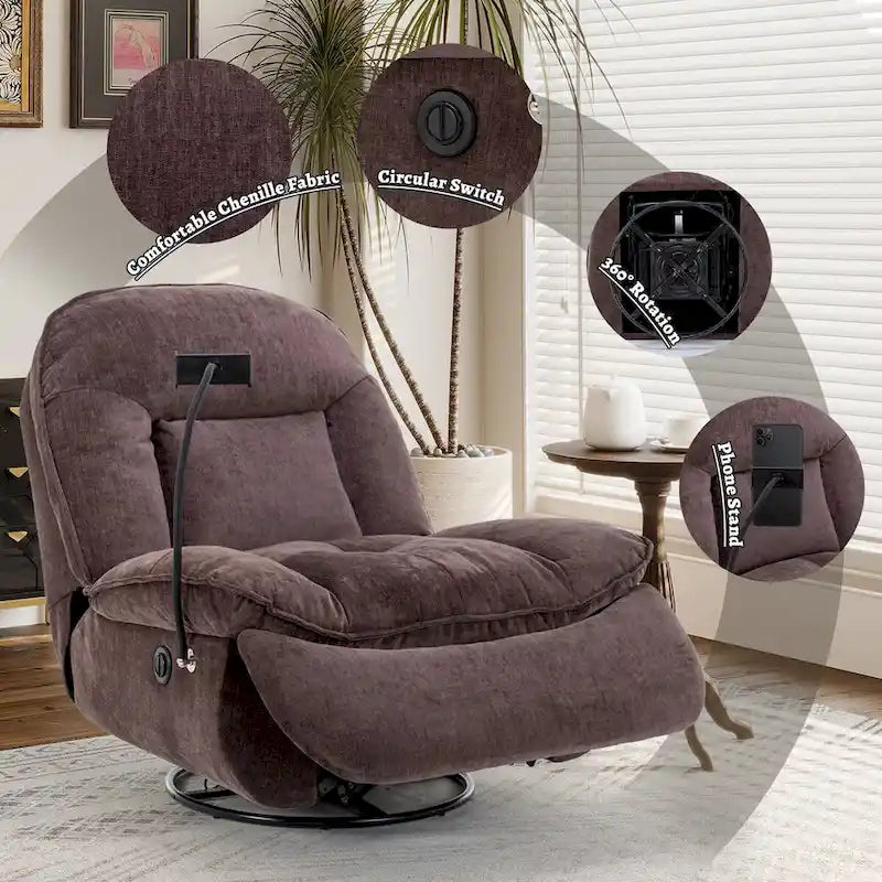 360° Swivel Recliner Chair with Phone Bracket – Bronzing Fabric, Rotating Base