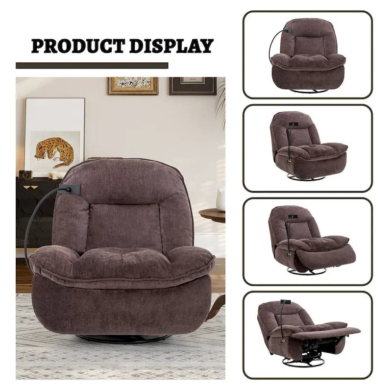 360° Swivel Recliner Chair with Phone Bracket – Bronzing Fabric, Rotating Base