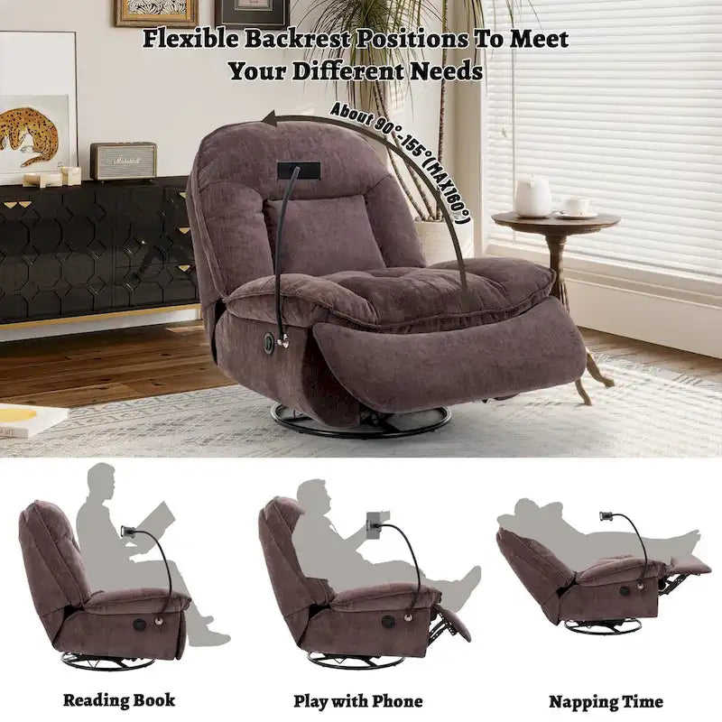 360° Swivel Recliner Chair with Phone Bracket – Bronzing Fabric, Rotating Base